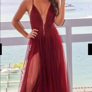 Wine Pinstripe Tulle Maxi Dress, criss cross back